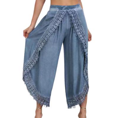 Hohe Taille Breite Bein Neunte Länge Harem Hosen Einfarbig Frauen Spitze Trim Casual Hosen Dame Kleidung