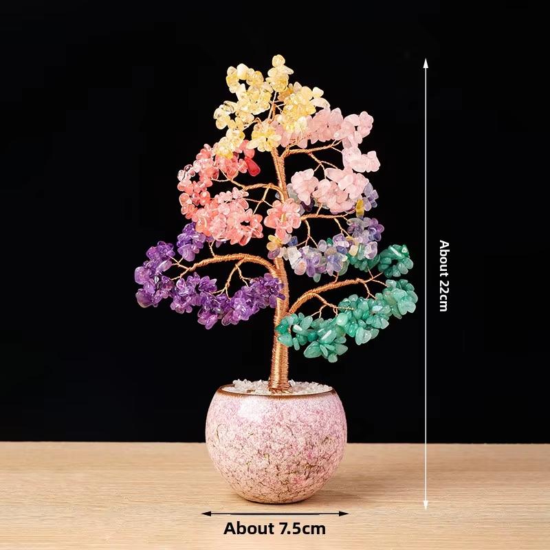 Natural Crystal Colorful Gravel Money Tree Hand-woven Wealth Tree China Office Desktop Decoration Ornaments Individually (as the picture,Standard)