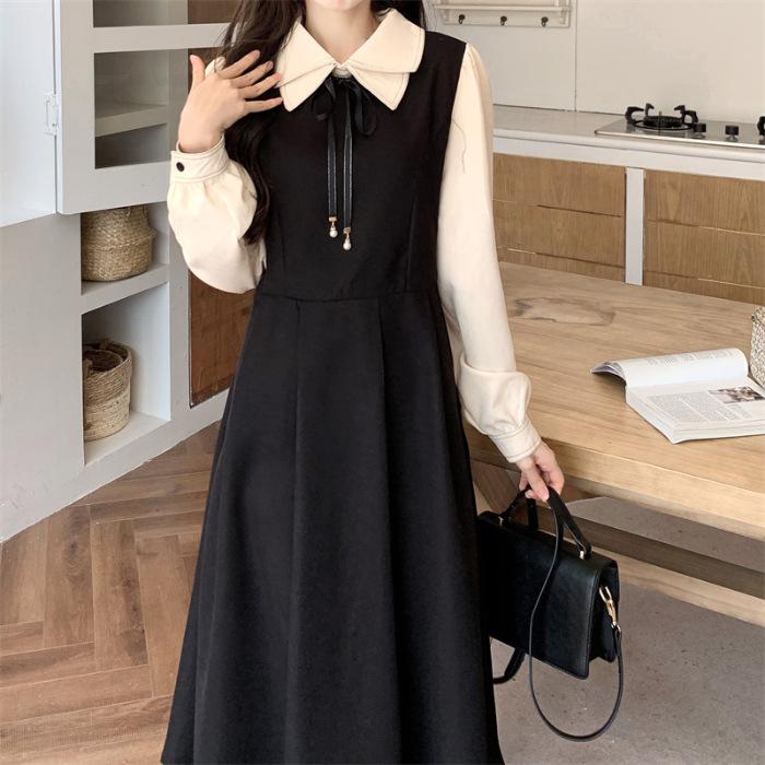Leicht fette mm Französisches College-Kleid Herbst und Winter Neu Langärmliges Fake-Zweiteiler-Kleid, Dünnes Literarisches Mori-Langes Kleid