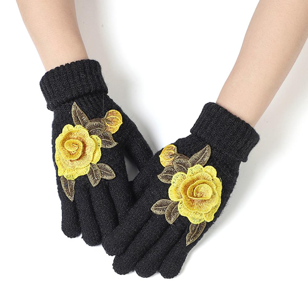 Soft Winter Gloves Embroidered Flower All Finger Gloves Knitted Gloves  Outdoor Cycling Driving