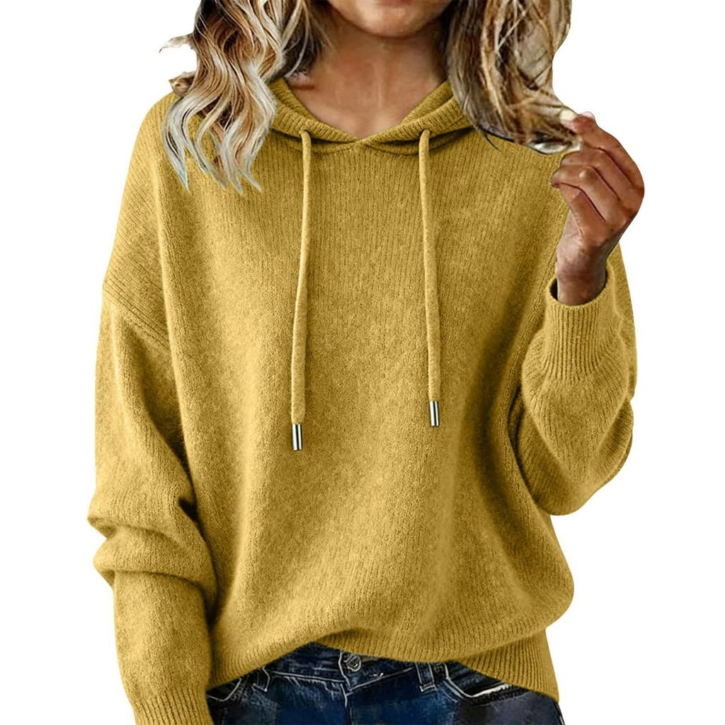 Fall Winter Women's Solid Color Drawstring Hooded Fleece Sweater Long Sleeve Casual Top for European American Crossborder