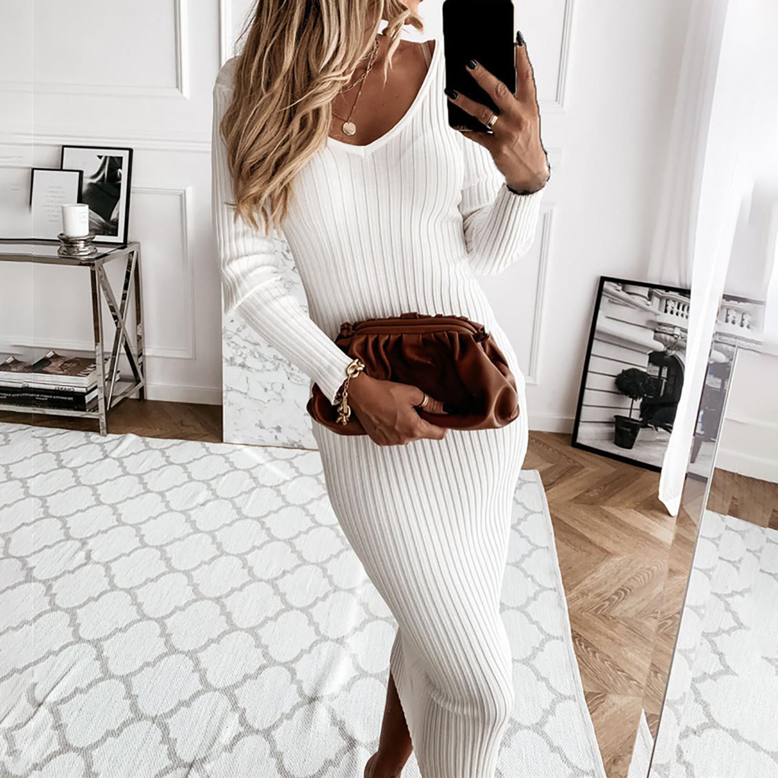 

Женское европейское и американское модное повседневное сплошное цветное платье с v-образным вырезом и открытой спиной, сексуальное тонкое цельное платье с длинными рукавами XXXL белый