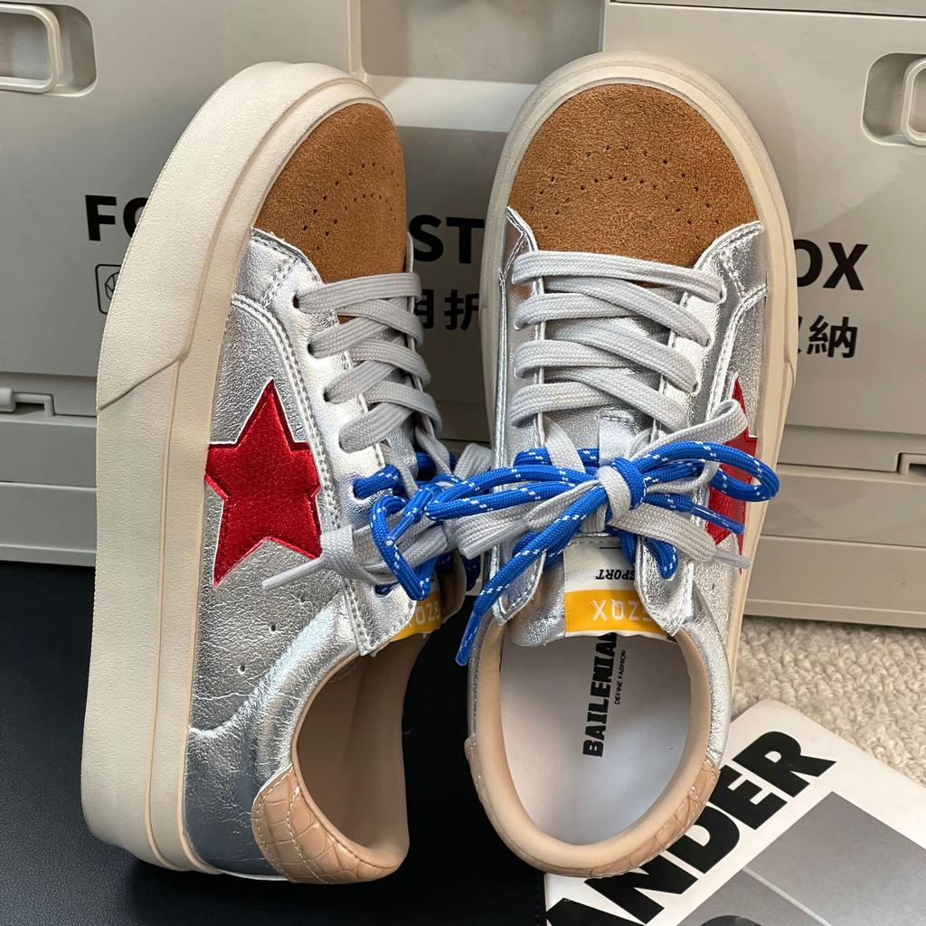 Spring new leather casual star board shoes pair of shoelaces color matching retro women's white shoes