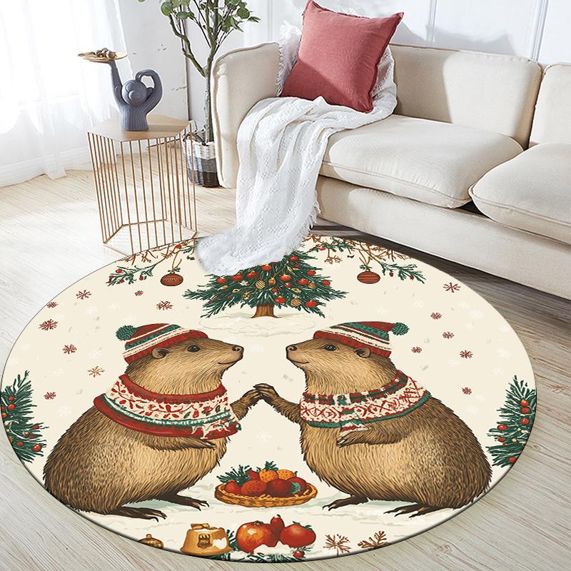 Christmas Capybara pattern round rug,Carpet Rug for Living Room Bedroom Playroom ,Non-slip Floor Mat,Holiday Gifts and Birthday Gifts.