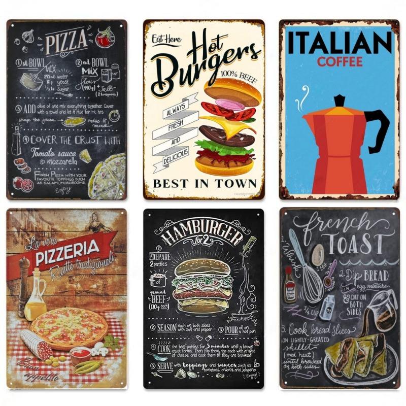 Metal Tin Poster Fast Food Vintage Tin Sign Plaque Metal Retro Plate Hot Dog Poster Wall Decor for Kitchen Cafe Diner Bar