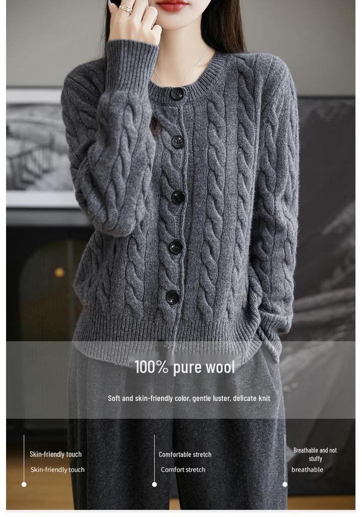 Women's Thickened Round Neck Cable Knit Cardigan - 100% Mercerized Wool, Autumn/Winter, Loose Fit