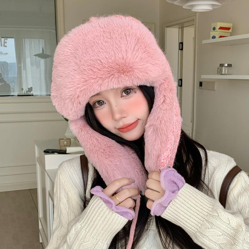 Winter hat women's fashion versatile thickened warm plush hat outdoor riding windproof ear protection