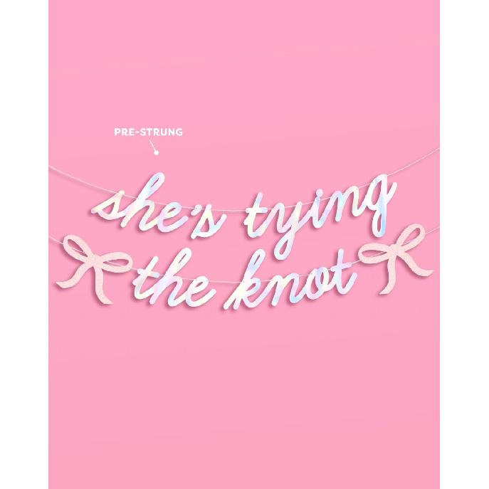 xo, Fetti She's Tying the Knot Banner - Iridescent Foil | 4.5 Ft. | Bow Bachelorette Decorations, Engagement Party Sign, Proposal Background, Bach