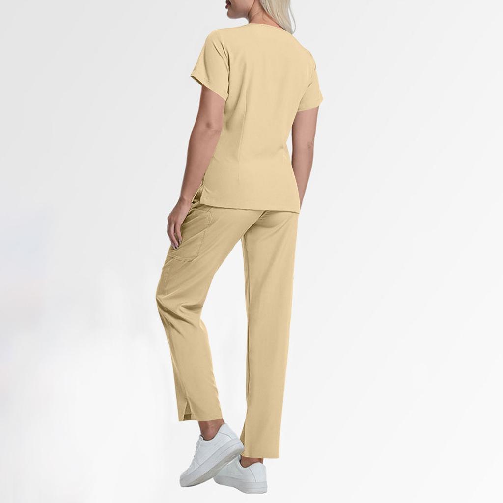 Women's Short Sleeved Color Round Neck Pocket Top Pants Work Clothes Two Piece Set