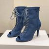 Fashion New Classic Blue Denim Fabric Cross-Strap Peep Toe Women Ankle Boots Spring Summer Sexy Elegant High Heels Party Dress Pumps