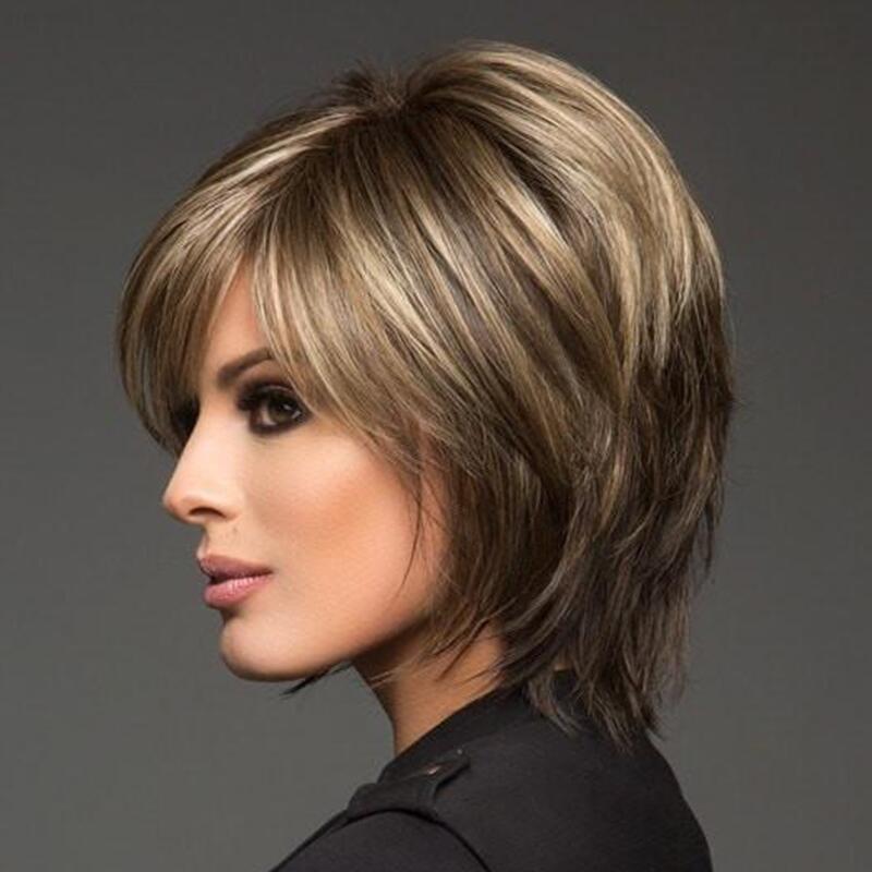Women's Fashion Front Lace Short Mixed Color Straight Wig with Air Bangs