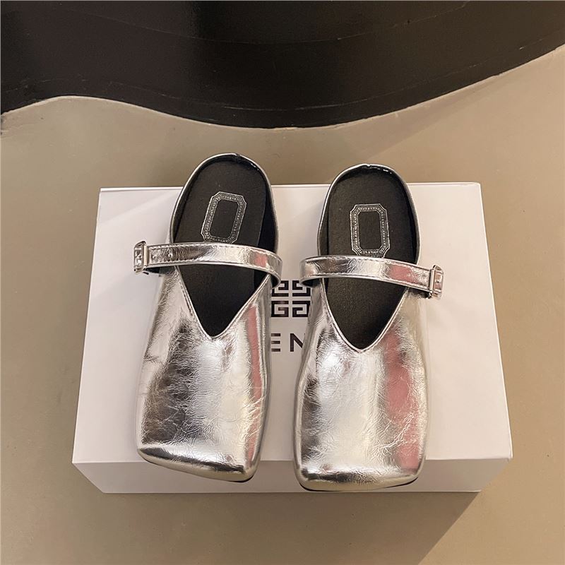 2025 Spring New Fashion Korean Version of Simple Belt Buckle Square Head Bag Head Half Drag Without Heel Lazy Slippers Women