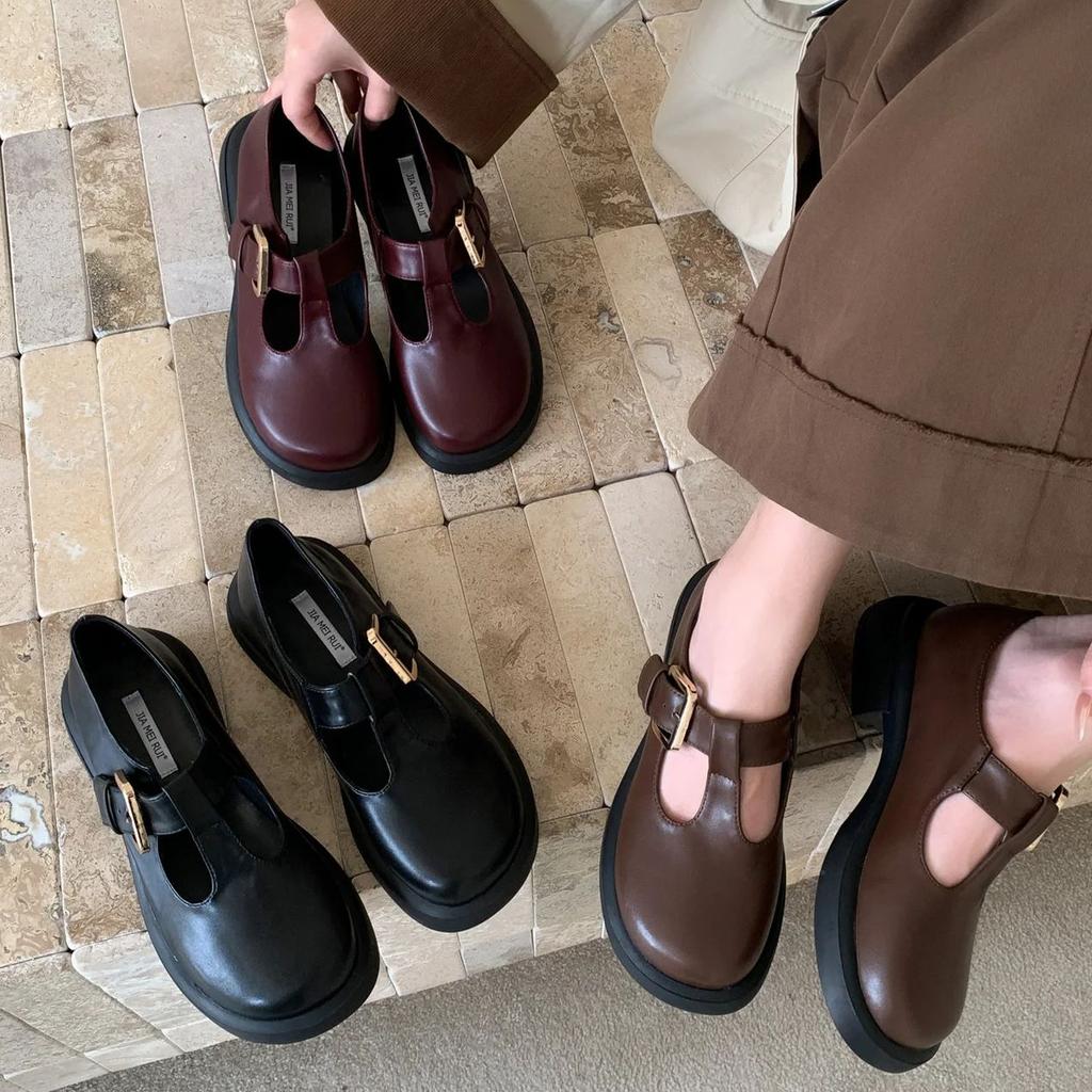 IPPEUM Mary Janes Dam Ballerinaskor Läder Spänne Rund Tå Ballerinas Zapatos Mujer