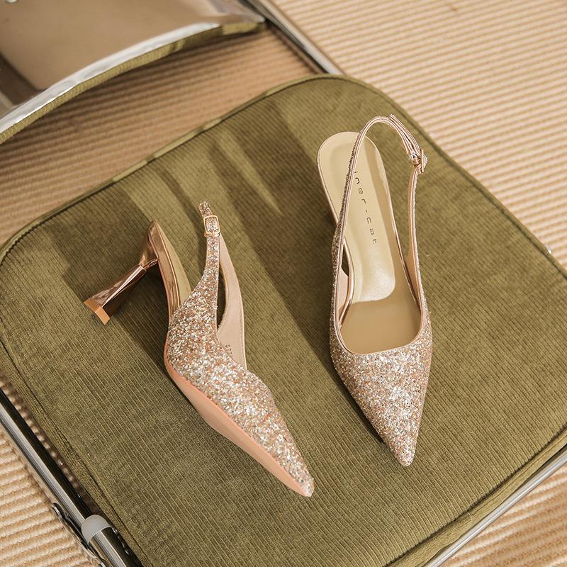 

75721 [sheepskin] high-heeled wedding shoes women s 2025 new pointed-toed empty sandals French stiletto shoes 34