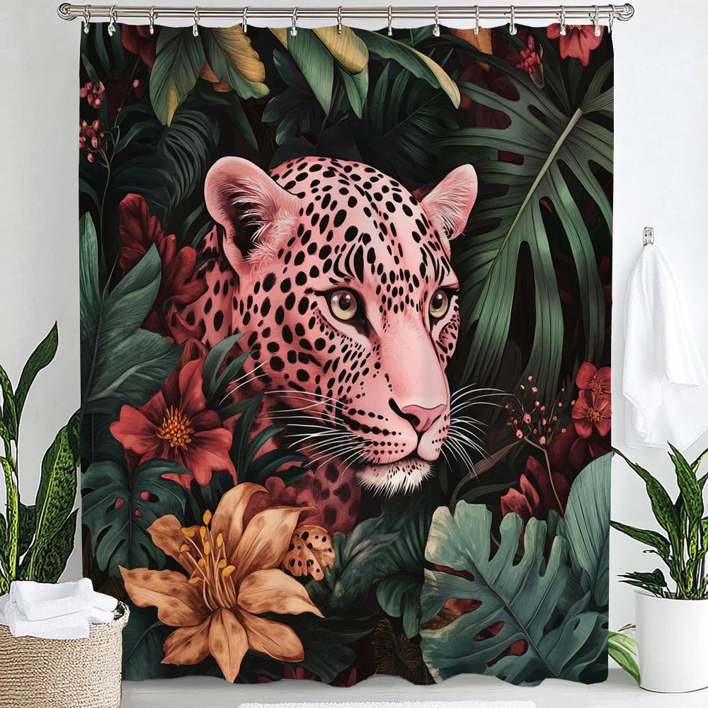 Tropical Plants, Flowers and Pink Leopards Print Waterproof Shower Curtain Hanging Curtain 12 Hooks Decoration Machine Washable