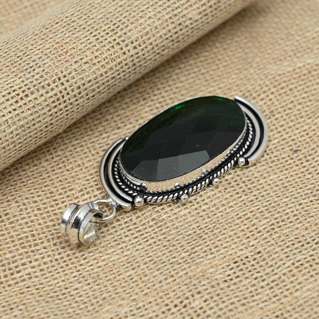 Faceted Green Onyx Gemstone 925 Sterling Silver Oval Shaped Handmade Pendant For Her