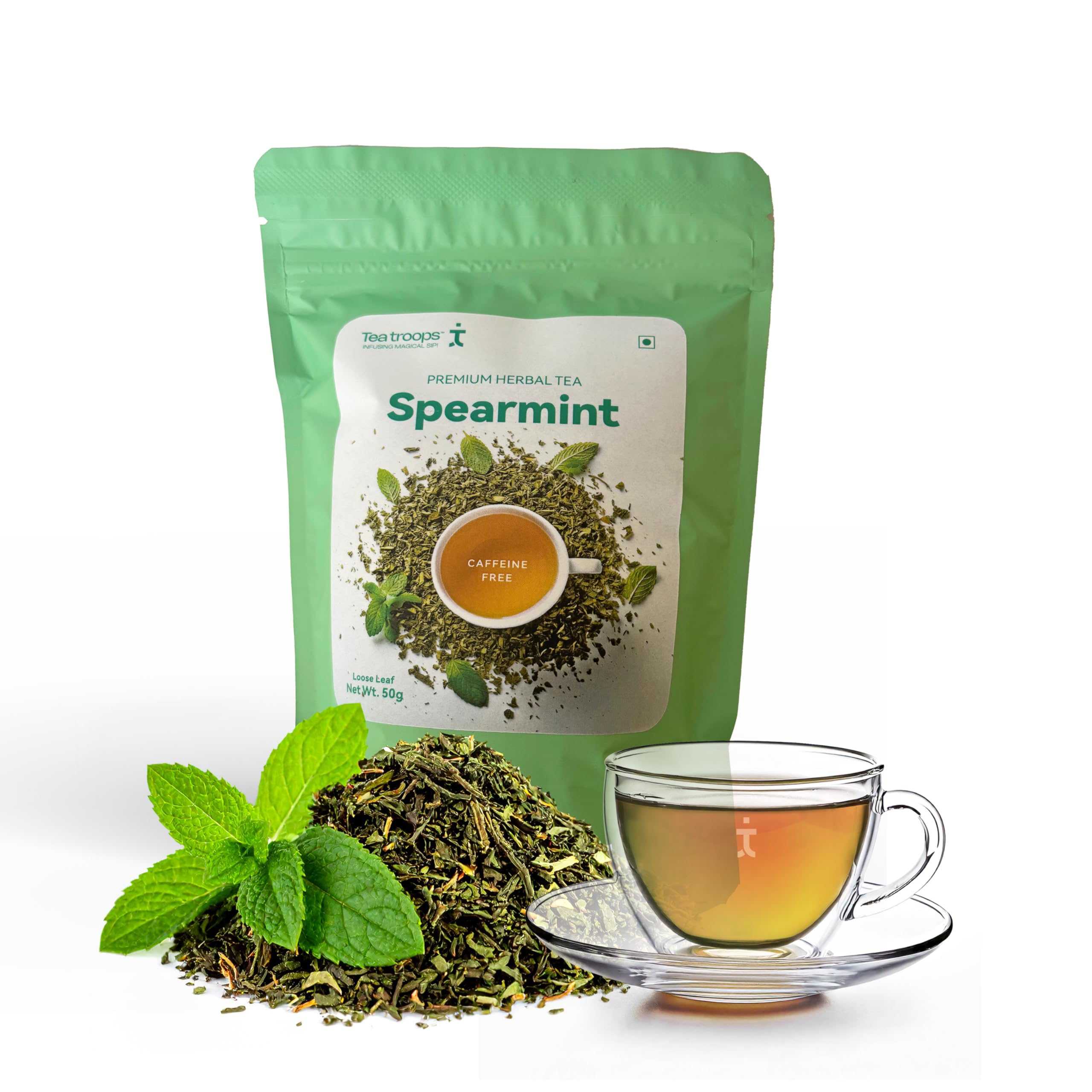 

Tea Troops Spearmint Herbal Tea | Caffeine-Free | Digestion Support Stress Relief Sleep Aid | Natural Wellness Booster | 50g Loose Leaves