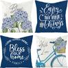 4Pcs Blue Hydrangea Throw Pillow Covers "Bless Our Home" Bicycle Cushion Cases for Living Room Bedroom Sofa Home Ornament
