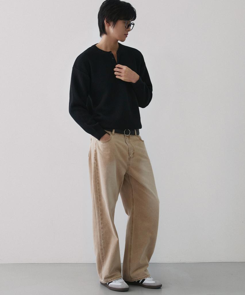 NODU Waffle Henley Neck Knit [Black]