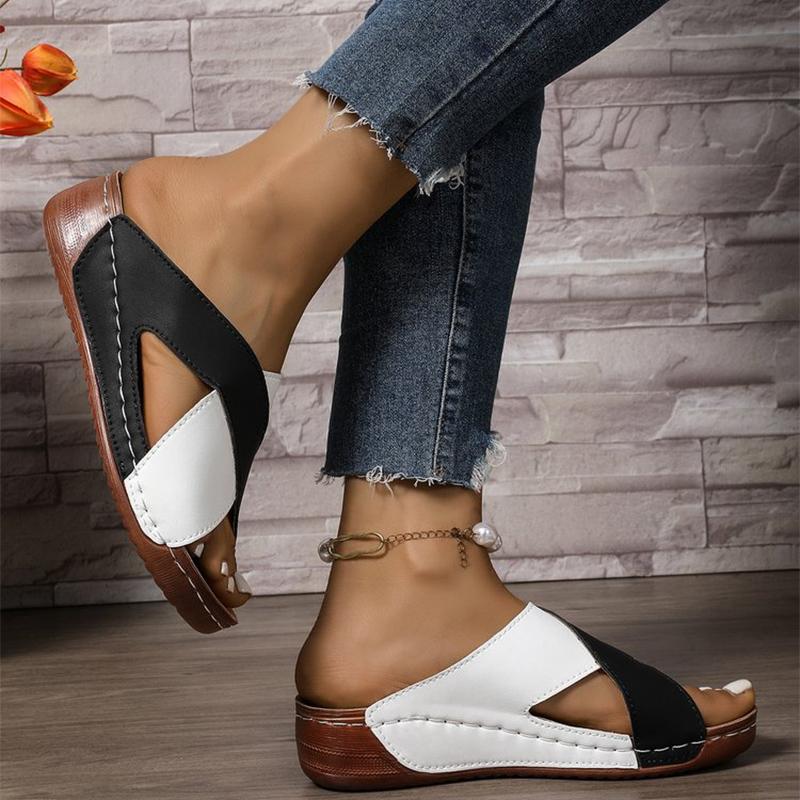 Fashion Summer Leather Wedge Slippers for Women 2025 Non-Slip Cross Strap Platform Woman Slides Soft Bottom Plus Size Women Slippers