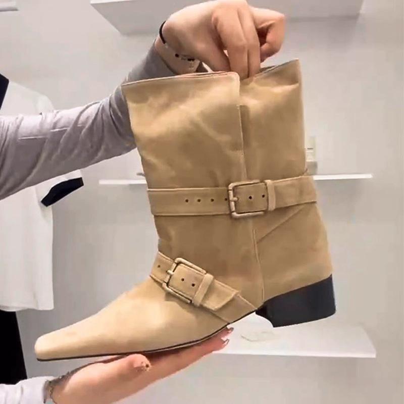Nische Wildleder Blockabsatz Gürtelschnalle Blockabsatz kleine eckige Spitze Stiefeletten dünne Stiefel Damen Herbst und Winter Western Cowboy Stiefel