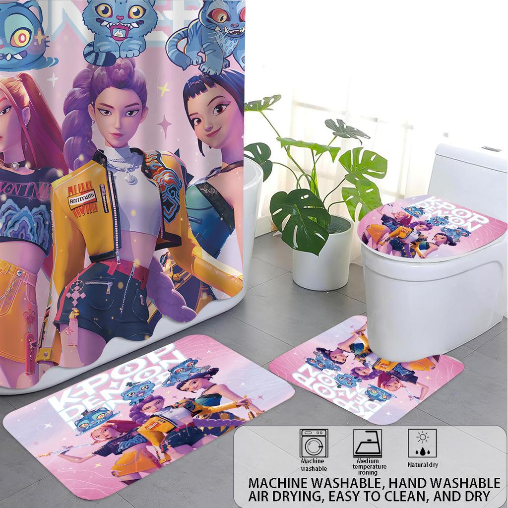 4Pcs K-Pop Demon Hunters Printed Bathroom 4-Piece Set 180X180 Waterproof Shower Curtain, Floor Mat, Toilet Mat, U-Shaped Mat