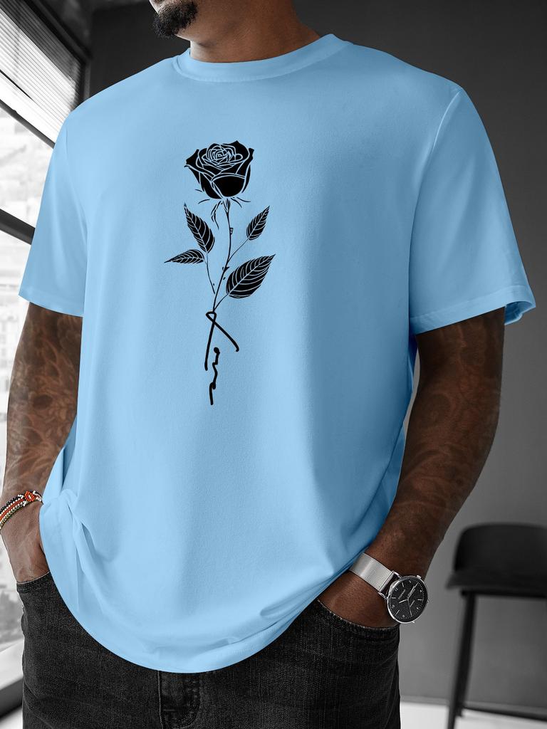Unisex Summer Cotton Short Sleeve T Shirt Minimalist White Line Rose Stem Print Crew Neck Aesthetic Street Casual Male Tee
