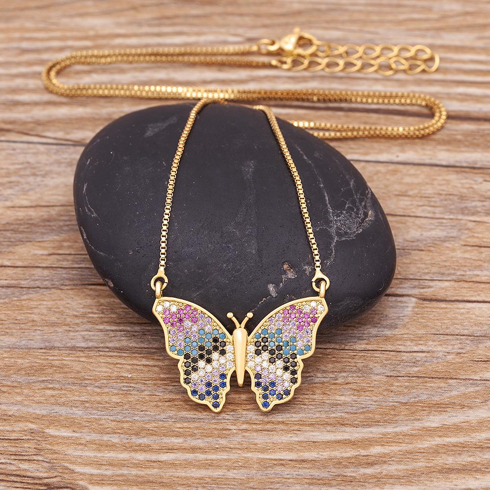 Nidin Charm Luxury 12 Styles Butterfly Pendant Chain Necklaces For Women Gold Plated Copper Zircon Jewelry Trendy Party Gifts