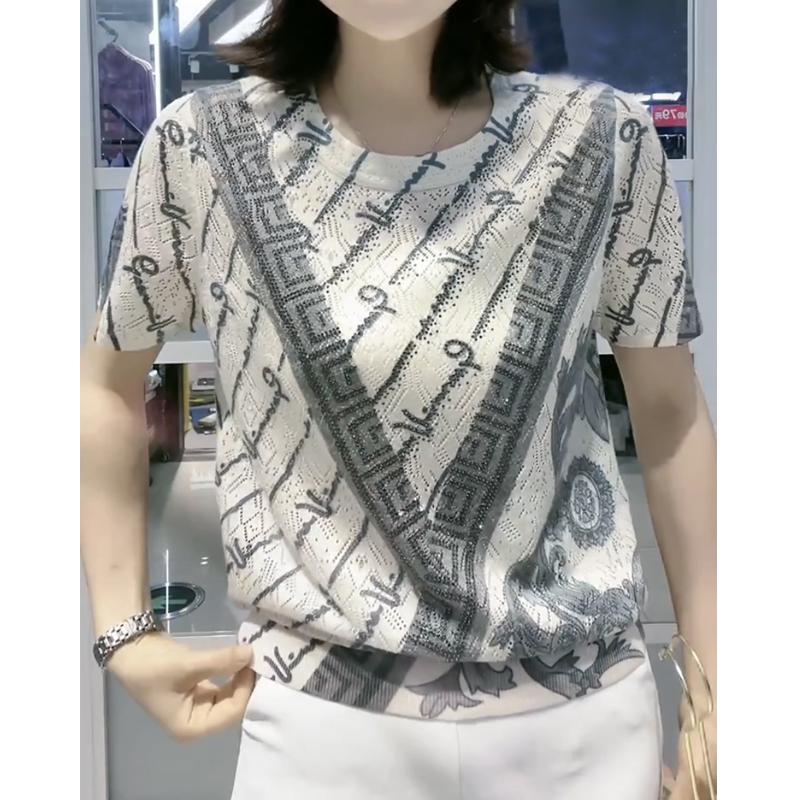 Damenbekleidung Sommer Mode Strassdruck Elegante T-Shirts Lässig O-Ausschnitt Kurzarm Lockerer Pullover Tops Camisetas