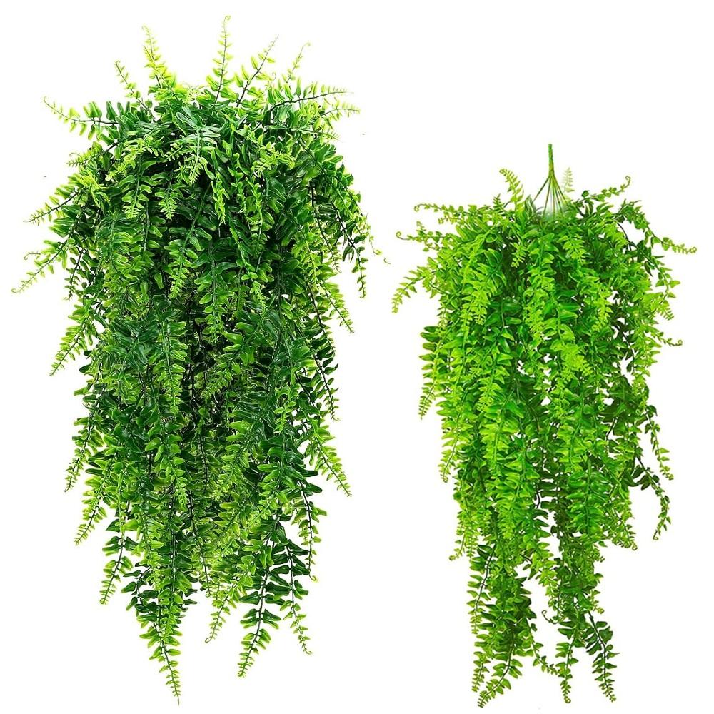 2PCS Fake Fern Artificial Hanging Ferns Faux Hanging Greenery Plant UV Resistant Plastic Plants for Wall, Wedding Party, Holiday