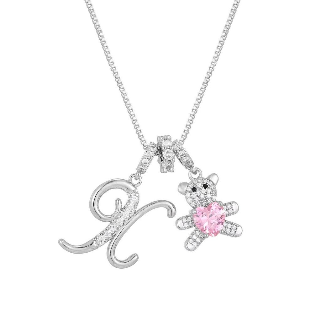 Luxurious Teddy Bear Pendant Necklace with Diamond Inlaid 26 English Letters Charm - European and American Fashion Style