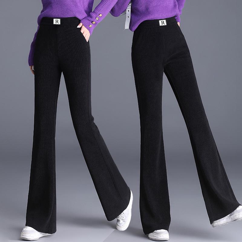 Damskie spodnie sztruksowe z wysokim stanem i aksamitną podszewką – Rozmiar plus, Luźne, Wyszczuplające, Lekko rozszerzane, Długie spodnie na jesień/zimę.