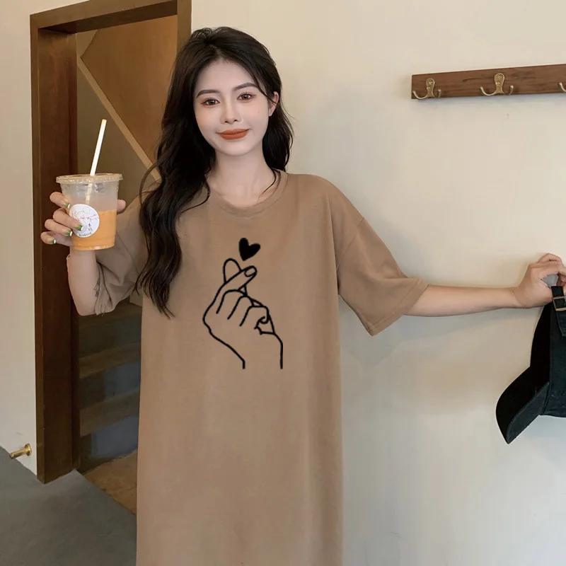 Spring and Summer Simple Temperament and Elegant Heart-print Large Size Loose Dress Casual Women Short-sleeved Going Out Dresses