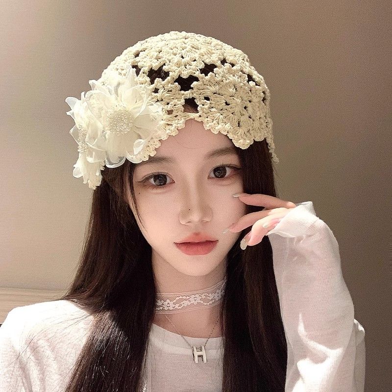 

Women s Summer Pearl Flower Lace Hat Handmade Crochet Hollow Versatile Head-Wrapping Slouchy Hat one size
