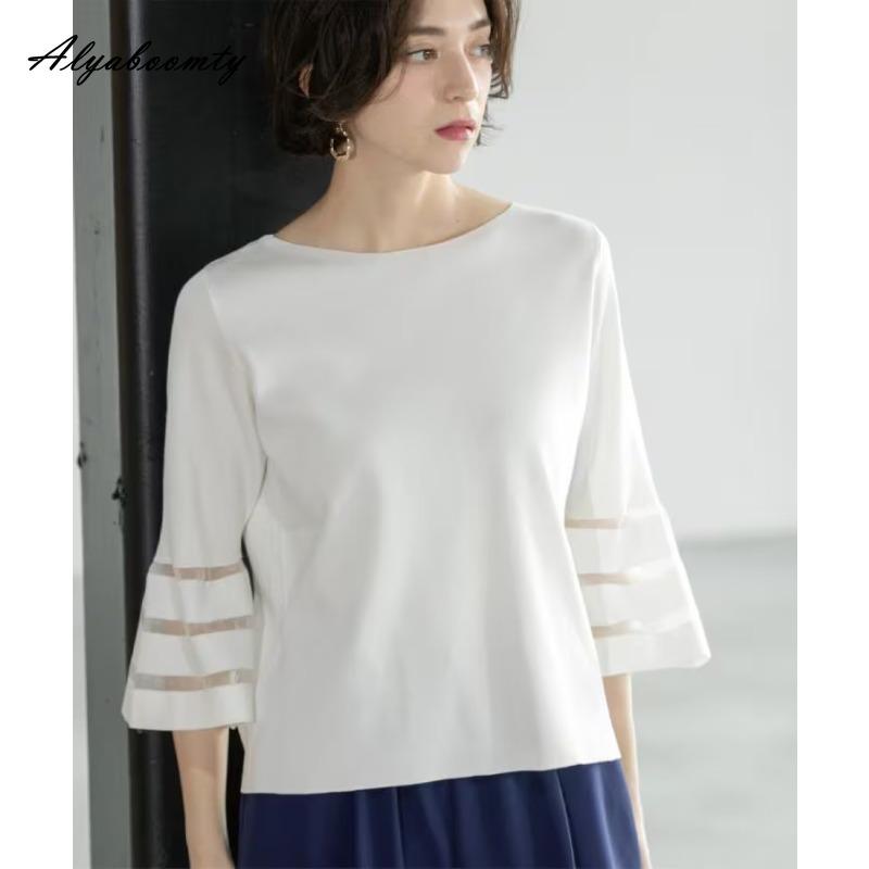 

Корейская мода весна-лето женская базовая футболка с короткими рукавами и круглым вырезом белая черная трикотажная футболка с расклешенными рукавами повседневная свободная трикотажная женская футболка One Size