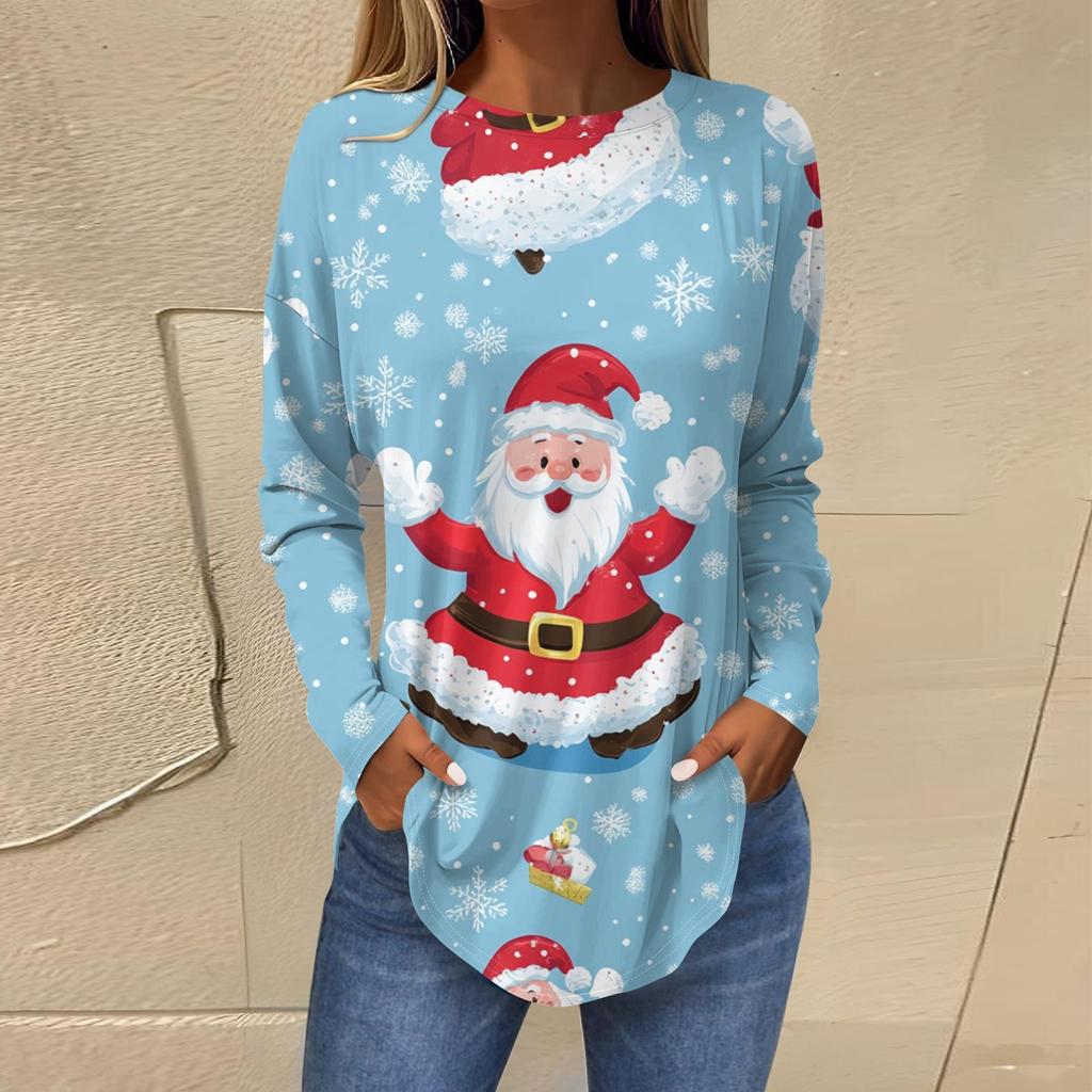 3D Gradient Color Christmas Tree Print Round Neck Long-sleeved T-shirt Casual Long-sleeved Top