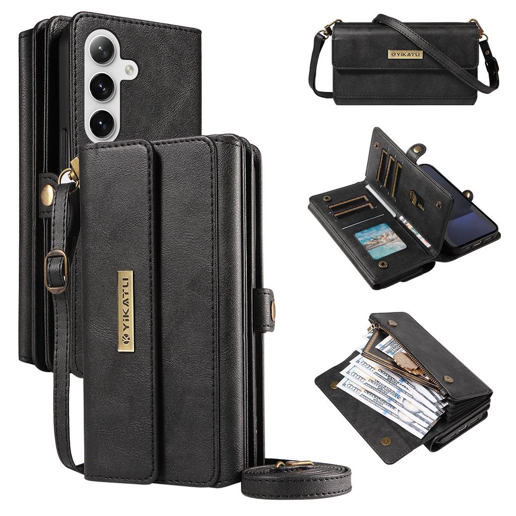 For Samsung Galaxy S24 FE Case YIKATU YK-008 Zipper Wallet Leather Phone Cover with Shoulder Strap
