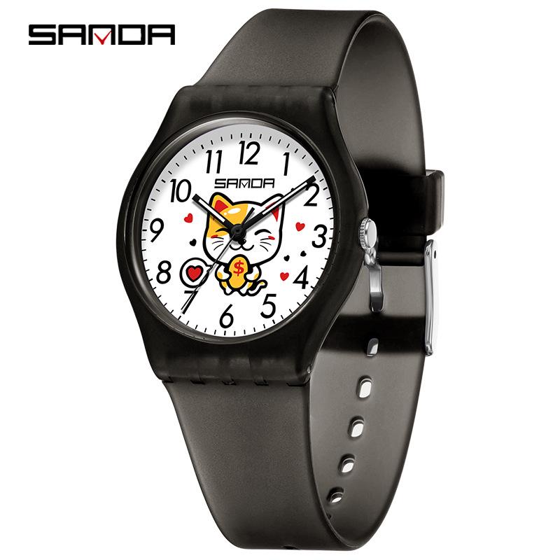 Sanda Luminous Kids  Quartz Watch with Lucky Cat Design - Waterproof Cartoon Student Timepiece