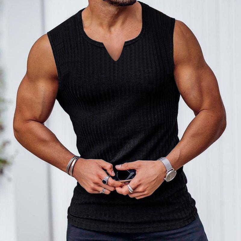 

Cross-Border Foreign Trade Summer Knitted Vertical Stripes Fitness Sports Leisure Slim fit Vest Men s I-Shaped V-neck Wide Shoulder Vest Black XL