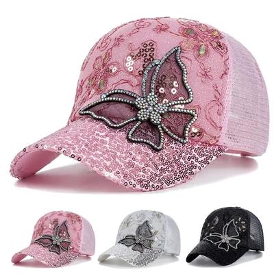 Butterfly Lace Glitter Baseball Cap Women's Summer Sun Protection Fashionable Ducktongue Hat Adjustable Casual Hats