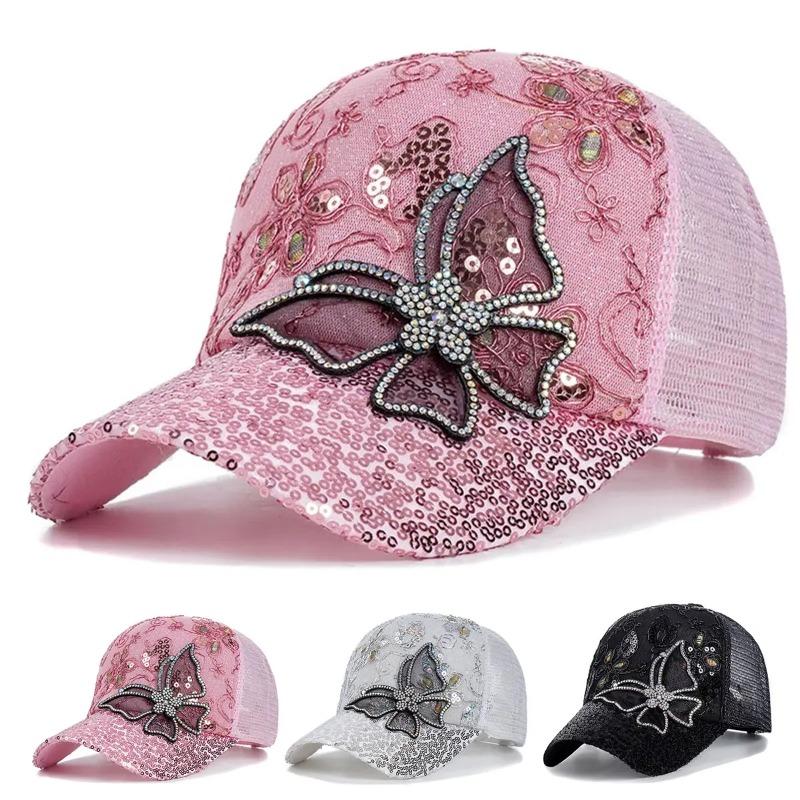 Butterfly Lace Glitter Baseball Cap Women's Summer Sun Protection Fashionable Ducktongue Hat Adjustable Casual Hats