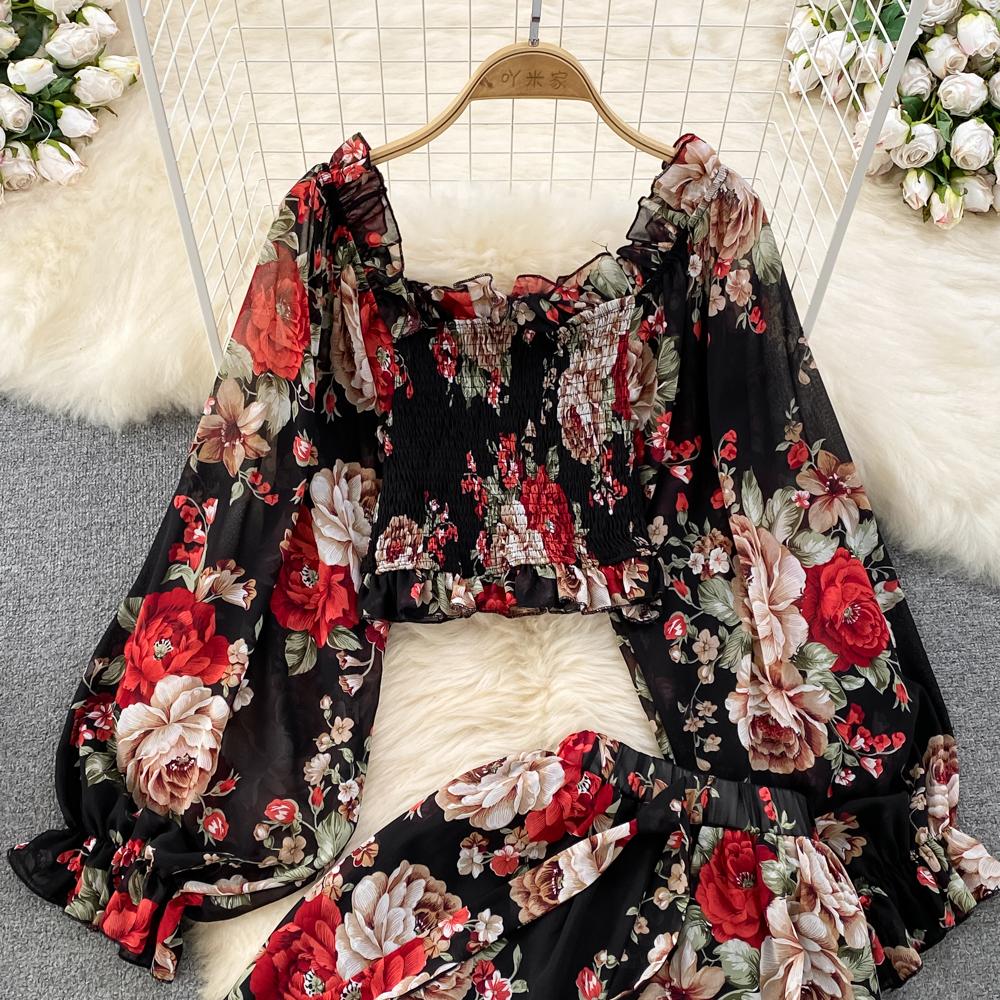 Fashion Set Women's  Long Sleeve Square Neck Slim Fit Chiffon Shirt 2 Two Pieces Suits Sets High Waist Slim Wide L