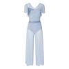 Womens Lyrical Dance Leotard Pants Suit Ruffled Sleeves Backless Sparkly Bodysuit Split Wide Leg Pants Dancewear