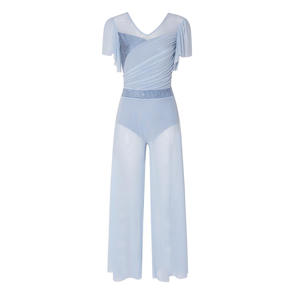 Womens Lyrical Dance Leotard Pants Suit Ruffled Sleeves Backless Sparkly Bodysuit Split Wide Leg Pants Dancewear