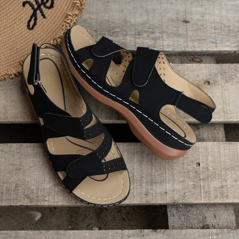 Summer New Sandals Thick Bottom Hollow Slope Heel Velcro Solid Color Breathable Open Toe