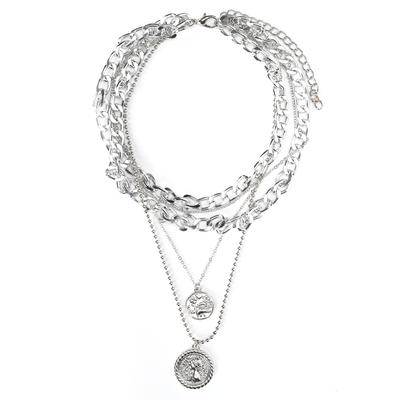 Layered Simple Stylish Necklace Women Retro Coin Pendant Necklace Jewelry Gift Silver