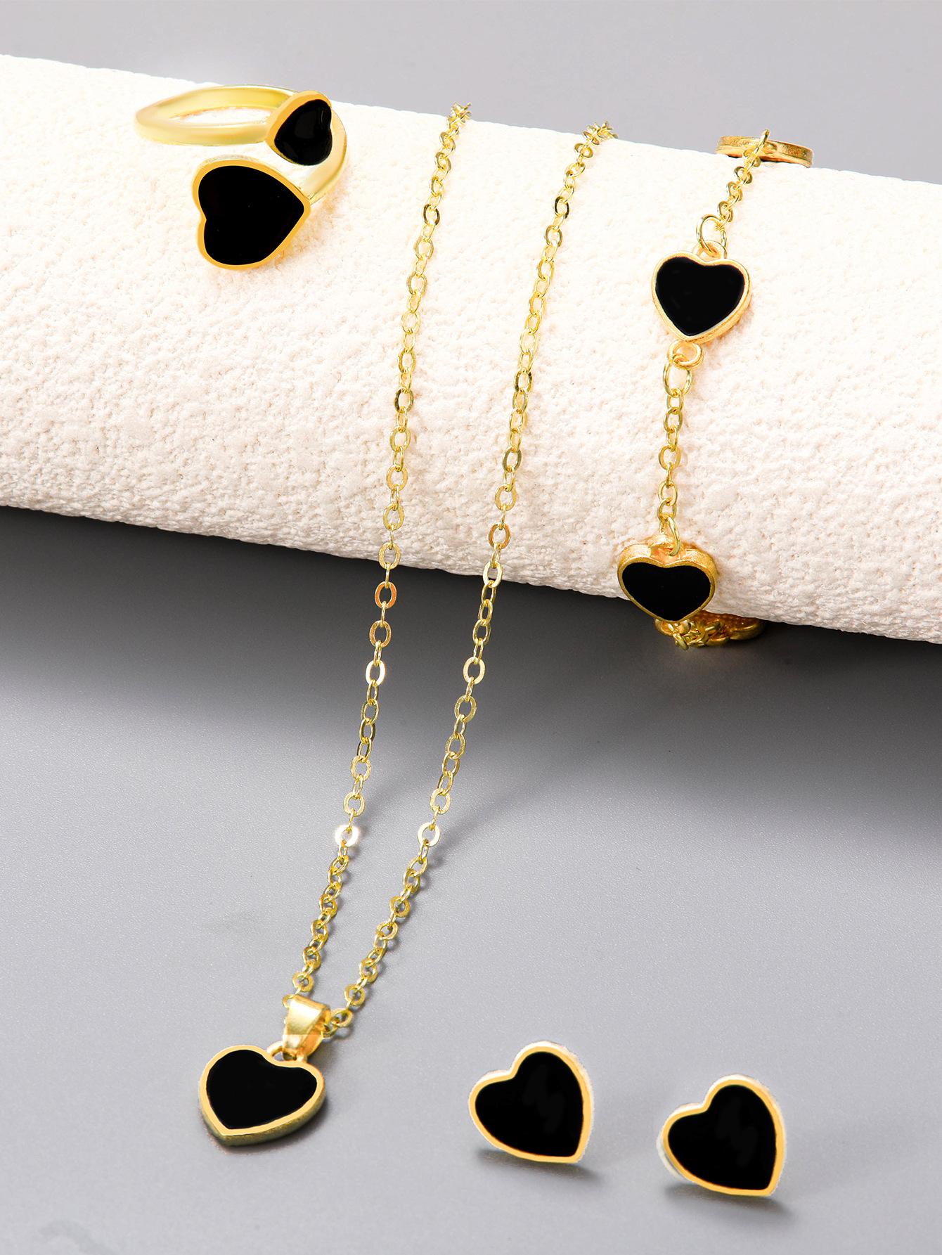 Fashionable Romantic Sweet Heart Shaped Jewelry Set Love Pendant Necklace Earrings Ring Bracelet Accessories