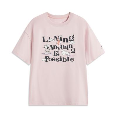 Li Ning Sports Lifestyle Series Letter Round Neck Comfortable Breathable Versatile Short Sleeve T-Shirt Women Tops Light-Pink AHSV258-2