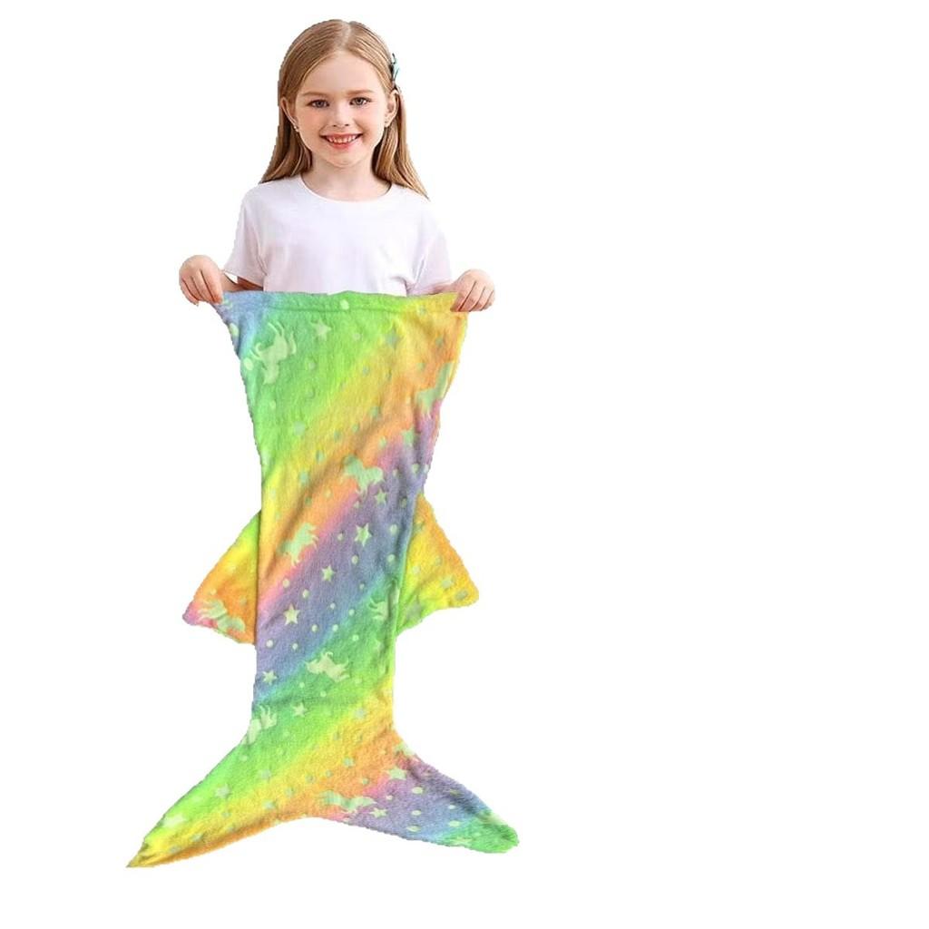 Glow In The Dark Modern Fleece Blanket For Kids With Cartoon Mermaid Stars And Sleepytime Warmth