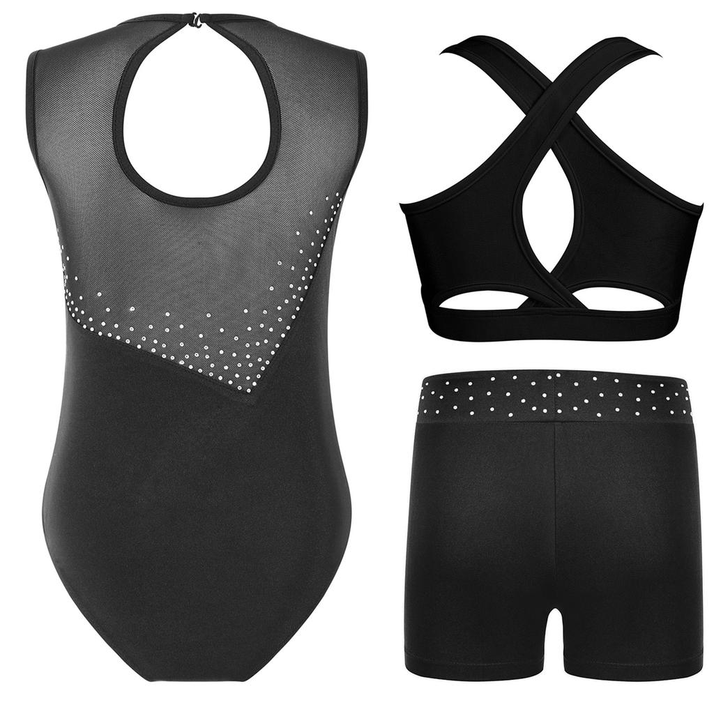 Ärmelloses Tanzset für Mädchen Glitzernde Strasssteine Kontrastfarben Gymnastik-Leotard mit Shorts und Top